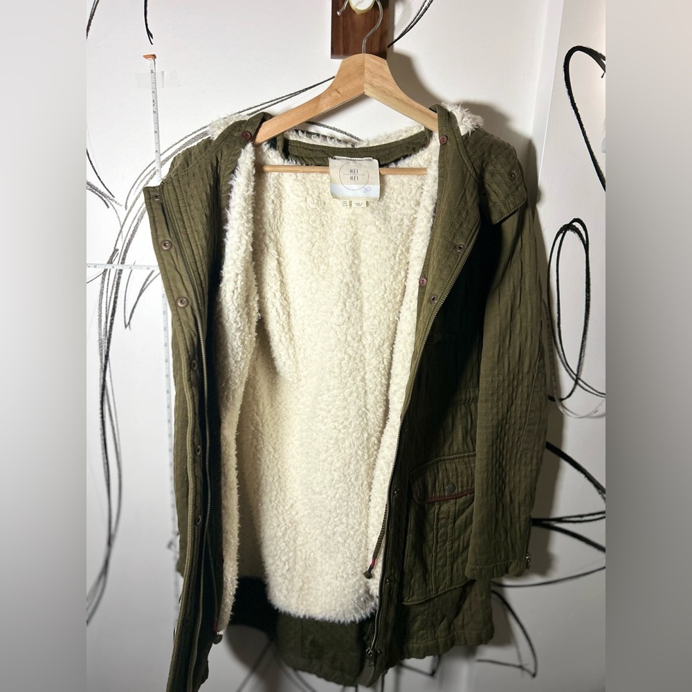 Hei Hei Olive Army Green Sherpa Lined Women’s Coat w/Pockets, Hood, Pockets, Med - Picture 7 of 16